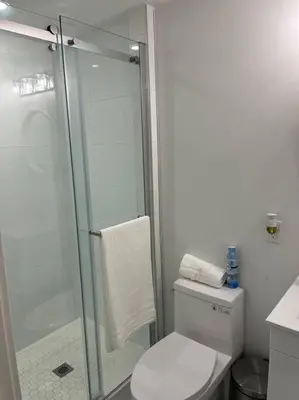 a bathroom with a toilet and a glass shower at Lovely one bedroom condo with free parking in Niagara Falls