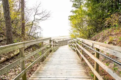 a wooden bridge over a path in the woods at Blue Water Dunes Cottage in Tiny