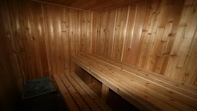 a wooden paneled sauna with a bench in it at Pelican guest house. Village style living. Spend vacation time in Eco place! in Fort Erie