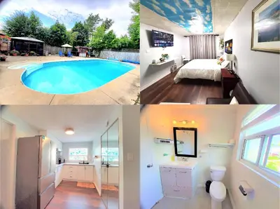 a collage of pictures of a bedroom and a pool at Cozy and Quiet Homestay with Private Bathroom in Toronto