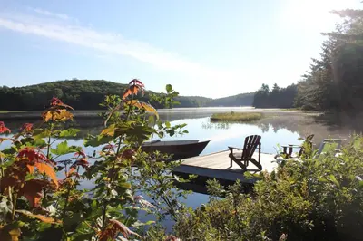 a bench sitting on a dock on a lake at Trillium Resort & Spa in Port Sydney