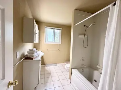 a bathroom with a shower and a toilet and a sink at Cozie cottage at Niagara-On-The-Lake in Queenston