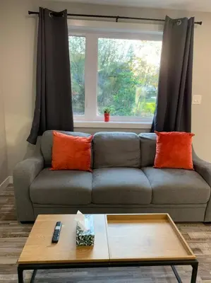 a living room with a gray couch with orange pillows at ENTIRE 2 BEDROOM APARTMENT DOWNTOWN - u5 in Waterloo