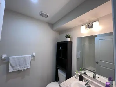 a bathroom with a sink and a toilet and a mirror at New Kleinburg Towns in Woodbridge