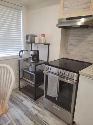a kitchen with a stove and a counter top at Modern studio with kitchenette and bath in Guelph