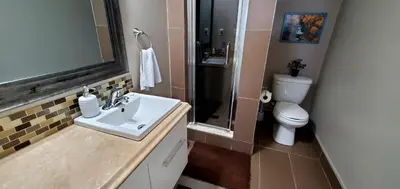 a bathroom with a sink and a toilet at Spacious Guest Suite in Hamilton
