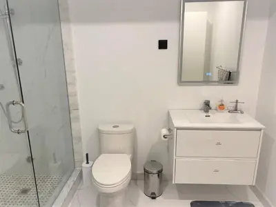 a bathroom with a toilet and a sink and a shower at Gilford Beach Apartment in Innisfil