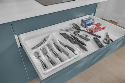 a drawer filled with utensils on a counter at Beautiful Lakeside Haven in Port Hope