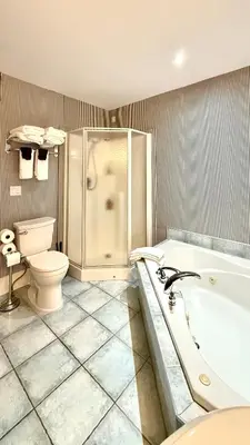a bathroom with a tub and a toilet and a sink at Adorable 2-bedroom unit with jacuzzi beside falls in Niagara Falls
