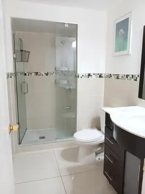 a bathroom with a shower and a toilet and a sink at spacious and bright house in Toronto