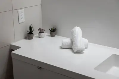 a bathroom counter with two towels and plants on it at 2BR Fantastic View of CN Tower and Roger Centre in Toronto