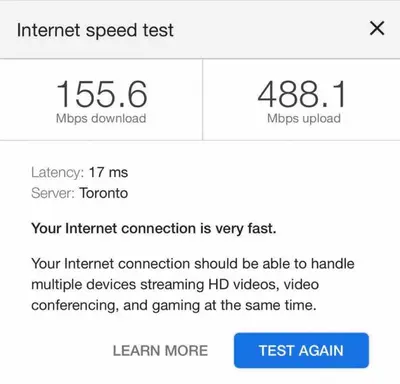 a screenshot of the internet speed test on a cell phone at 3BR Rooftop Pool Gym Steps to MTCC and CN Tower with Parking in Toronto