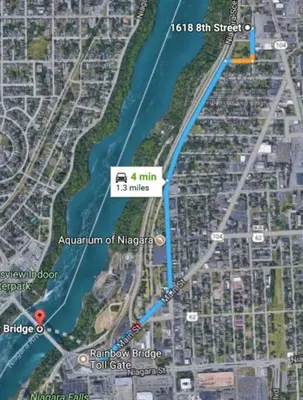 a map of a river and a freeway at Vintage cute house 5 min from the beautiful Falls! in Niagara Falls