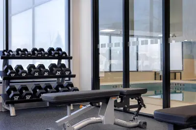 a gym with a rack of exercise equipment at Holiday Inn Express & Suites St Thomas in Saint Thomas