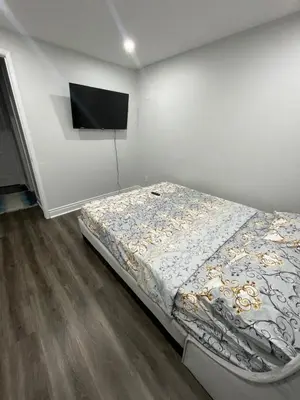 a bedroom with a bed and a flat screen tv at Mo's Place in Mississauga