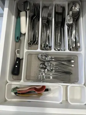 a drawer full of utensils in a refrigerator at Victoria Family Vacation Home - King Bed Private Yard BBQ Deck Gazebo - 4 Minutes To The Falls in Niagara Falls