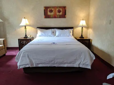 a bedroom with a large white bed with two lamps at Royal Inn and Suites at Guelph in Guelph