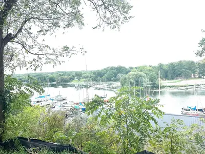 a view of a marina with boats in the water at Stylish House W a Media Room Near Downtown Picton in Picton