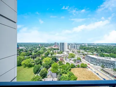 a view of a city from a building at City View 1BR Condo - King Bed & Private Balcony in Kitchener