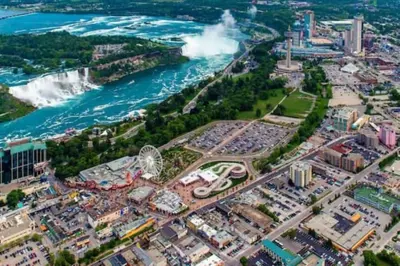 an aerial view of a water park with a roller coaster at Stylish Townhome Gem with Several Amenities Just Minutes To The Falls in Niagara Falls