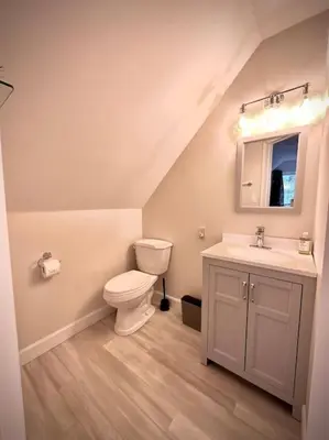 a bathroom with a toilet and a sink at Cottage Retreat on 11 Acres in Flesherton