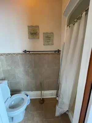 a bathroom with a toilet and a shower at THE RED STAR ROOM B in Niagara Falls