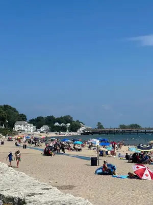 a crowd of people on a beach with umbrellas at Cottage in Crystal Beach in Fort Erie