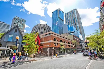 a group of people walking on a street in a city at University of Toronto UTSG Suites in Toronto