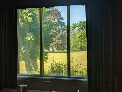 a window with a view of a field of grass at Mariner motor hotel in Collingwood