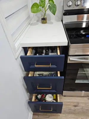 a kitchen with blue drawers and a plant at Poolside entire lower level apt in Whitby