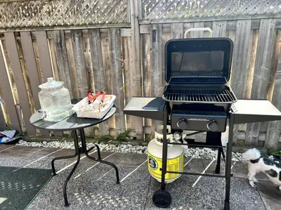 a grill and a dog standing next to a fence at Luxury Home In Castlemore Brampton in Brampton