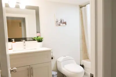a bathroom with a toilet and a sink and a mirror at Friendly Neighborhood Garden Ave Suite in Brantford