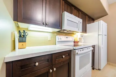 a kitchen with white appliances and wooden cabinets at Horseshoe Valley Suites - The Aurora in Shanty Bay