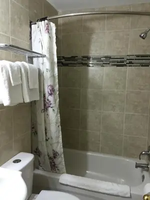 a bathroom with a tub and a toilet and a shower at Mayflower Motel in Kitchener