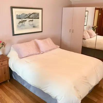 a bedroom with a large white bed with pink pillows at Fells Meadows Farmhouse on Country Property in Castleton