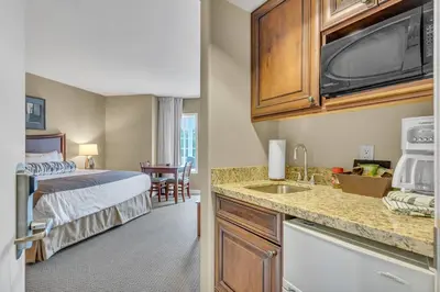 a hotel room with a bed and a kitchen with a sink at Quite in Nature in Edgar