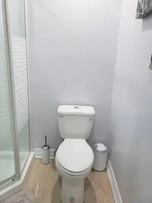 a white bathroom with a toilet and a shower at Luxurious 1BR - 1BA Apt Modern Bright with free parking-pc in Brampton