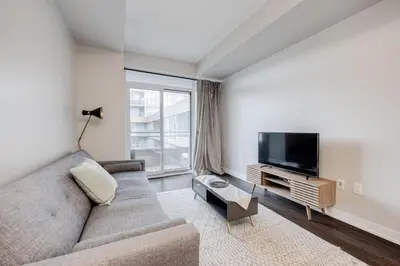 a living room with a couch and a flat screen tv at City Serenity 1 Bedroom with Balcony in Toronto