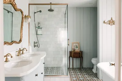 a bathroom with a shower and a sink and a toilet at Little Louis - A Princely Take on a County Getaway in Mountain View