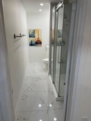 a bathroom with a walk in shower and a toilet at Executive Apartment - 2BDR Parking Self-check in - Walkout basement Lower Unit in Mississauga
