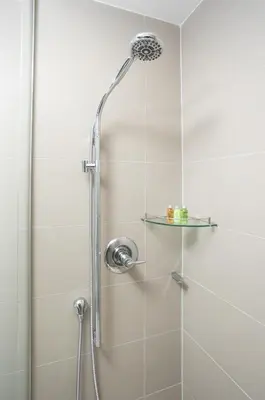 a shower with a glass door with a glass shelf at The Vine & View Suite in Toronto