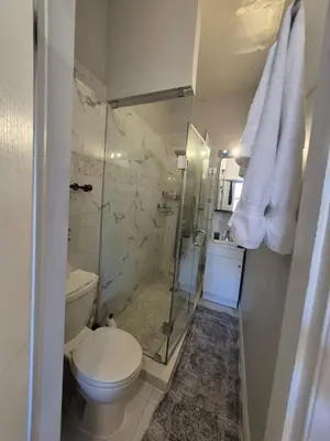 a white bathroom with a toilet and a shower at Downtown apartment 2-3 people in Bowmanville