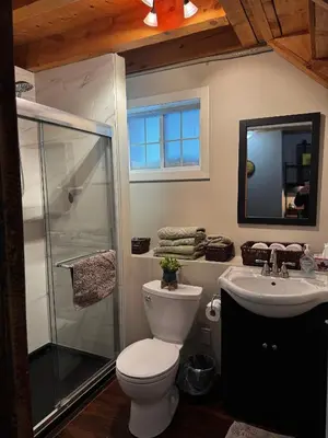 a bathroom with a toilet and a shower and a sink at The Farm Shed Guelph Elora in Guelph
