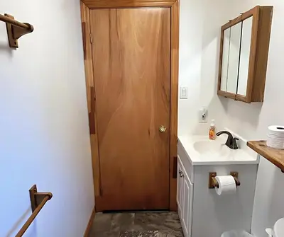 a bathroom with a sink and a wooden door at Sandy Shore Cottages Luxury Resort on Rice Lake in Harwood