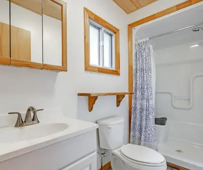 a bathroom with a toilet and a sink and a shower at Sandy Shore Cottages Luxury Resort on Rice Lake in Harwood