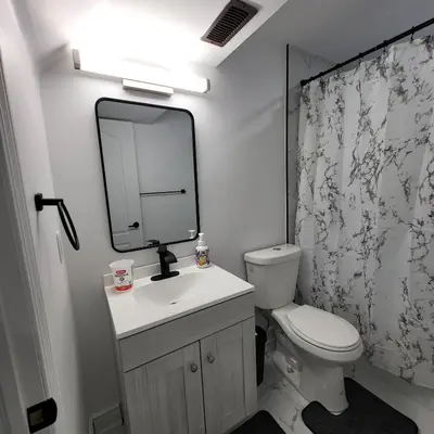 a bathroom with a toilet and a sink and a mirror at Bright 2 Bedroom Basement Apartment in Angus in Angus