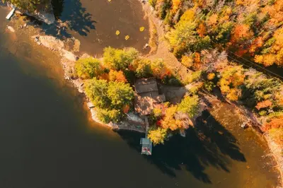an aerial view of an island in the water at Waterfront private cottage on Koshlong Lake in Haliburton