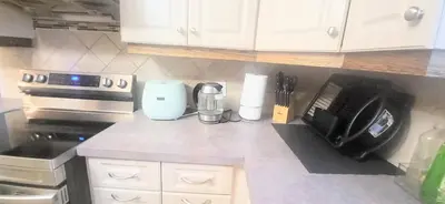 a kitchen with a counter top with a coffee maker at Cozy Home Close to Attractions in Niagara Falls in Thorold