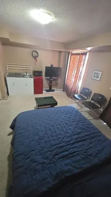 a bedroom with a large bed and a television at Cozy jets empire in Brampton