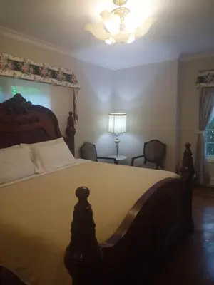 a bedroom with a large bed and a chandelier at Waterfront Hideaway Private Suite-King bed room in Tottenham